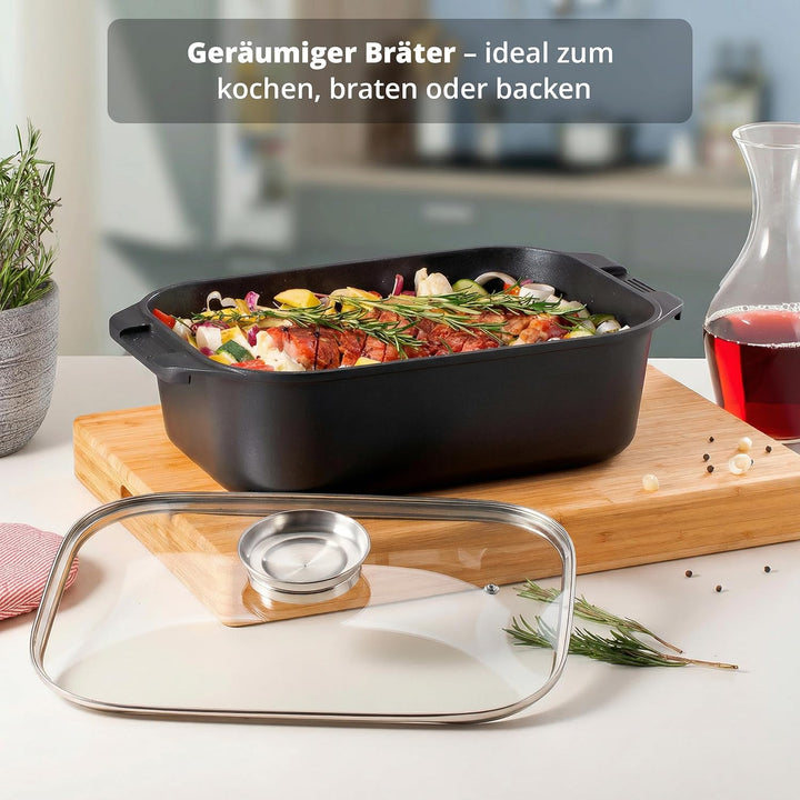 KHG Aluminium Bräter mit Glasdeckel & Aromaknopf 26x41 cm Rechteckig 11 L - ILAG Xeradur®5 Antihaftb
