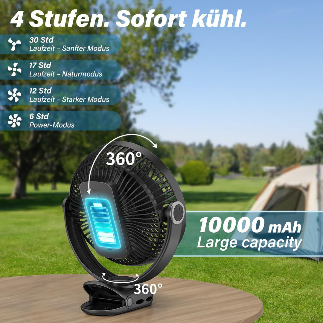 20cm Tragbarer Clip-On-Ventilator, 10000mAh Akku-Ventilator mit Clip für Kinderwagen, 720 Grad Drehu