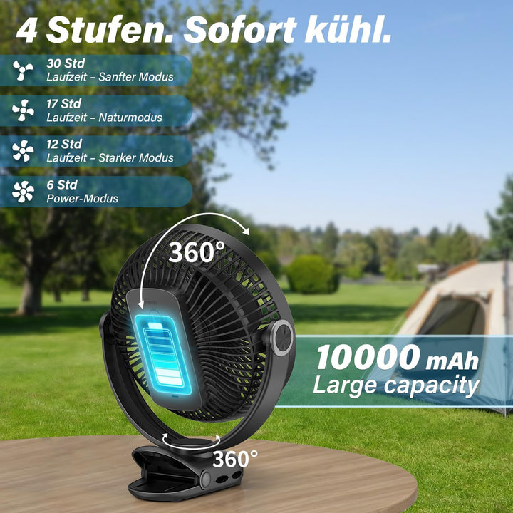 20cm Tragbarer Clip-On-Ventilator, 10000mAh Akku-Ventilator mit Clip für Kinderwagen, 720 Grad Drehu
