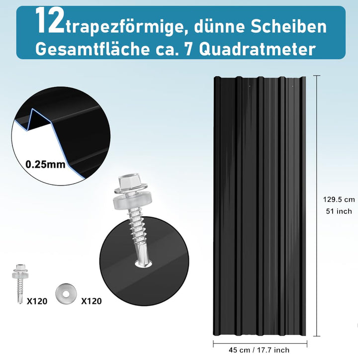 Wellplatten Dach Trapezblech 12x Profilblech 129cm x 45cm ca. 7 m², Wellblechplatten für Dach, Dachb