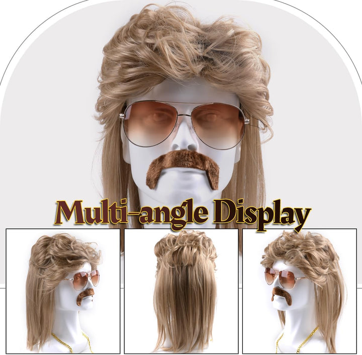 iZoeL Vokuhila Perücke 80er 90er Jahre Outfit Accessoires Herren - Blond Perücken Wig Sonnenbrille H