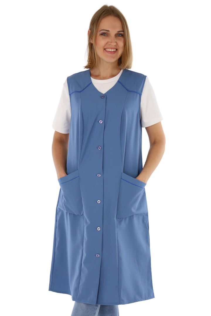 Damenkittel ohne Arm Kochschürze Kittel Schürze Knopfkittel einfarbig Hauskleid 46 Blau, 46 Blau