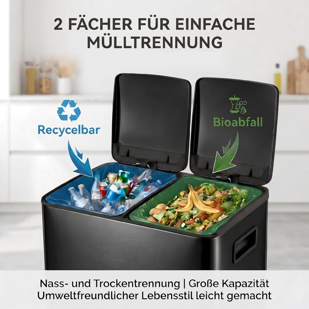 Mülleimer Küche 2 x 24L(48L), Edelstahl Treteimer mit Deckel, Mülltrennsystem 2 Fächer, Abfalleimer