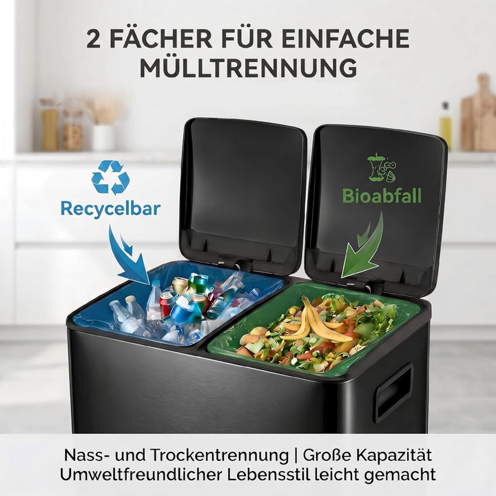 Mülleimer Küche 2 x 24L(48L), Edelstahl Treteimer mit Deckel, Mülltrennsystem 2 Fächer, Abfalleimer
