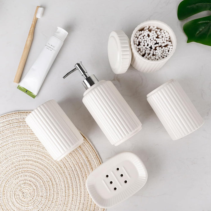 NOVAJOY Badezimmer Set Keramik – 5 Teile, Badezimmer Organizer mit Seifenspender, Seifenschale, Zahn