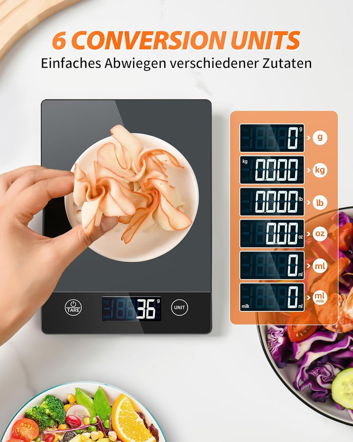 Küchenwaage Digitale mit LCD-Display und Tara-Funktion, Präzise 1g Messung zum Backen und Kochen, Gl