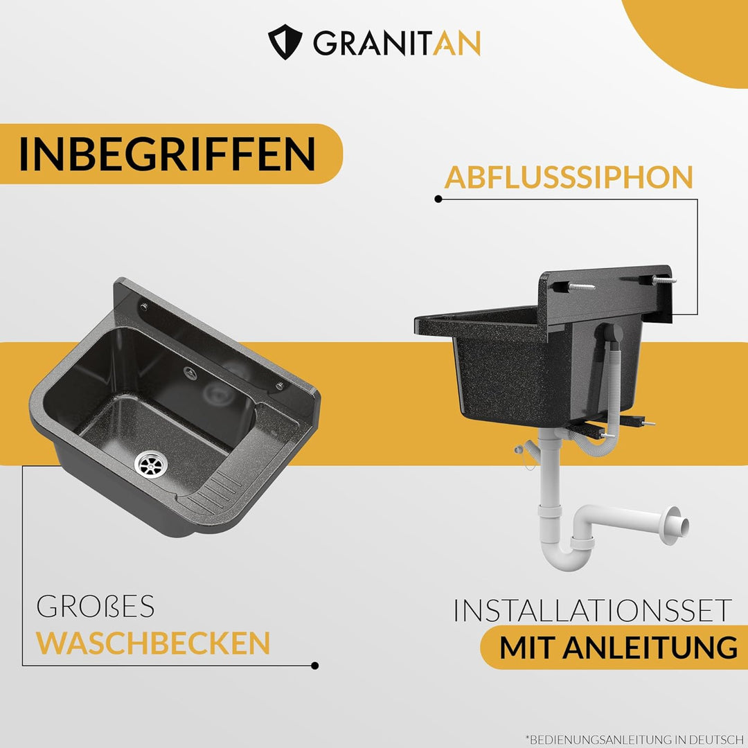 Granitan Ausgussbecken für Garage Keller Werkstatt und Waschküche - Universal Waschtrog Set mit Siph