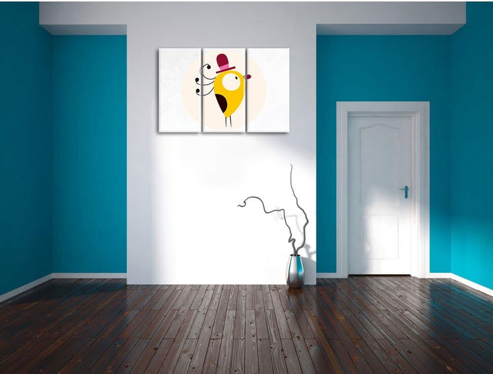 Pixxprint Lustiger Vogel mit einfarbigem Hintergrund weiss 3-Teiler Leinwandbild 120x80 Bild auf Lei