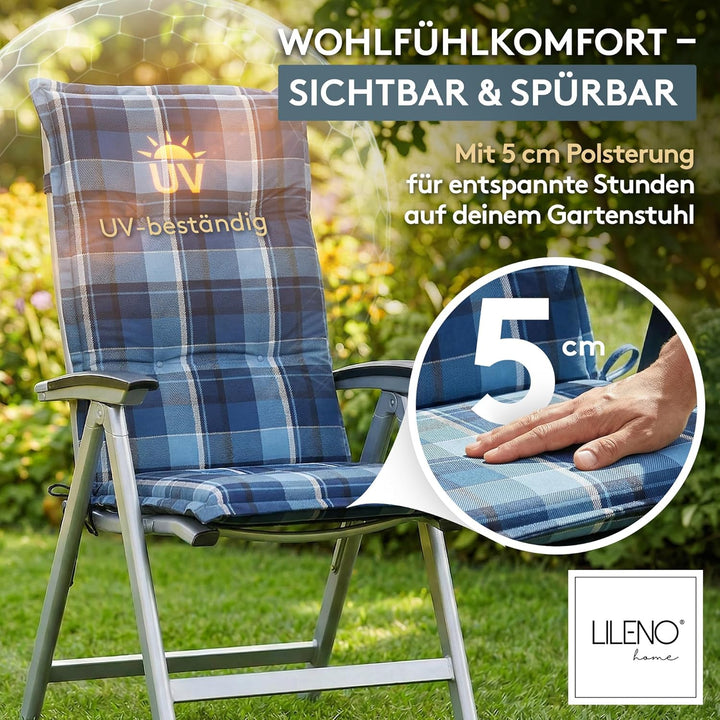 LILENO HOME Gartenstuhl Auflagen als [1er Set - Hochlehner] in Karo Blau - Bequeme Liegen als Sitzau
