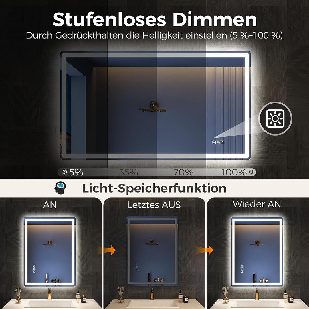 STARLEAD Badspiegel-mit-Beleuchtung 100x70cm, Spiegel-mit-Beleuchtung und Entfoggen, Bluetooth, Dimm