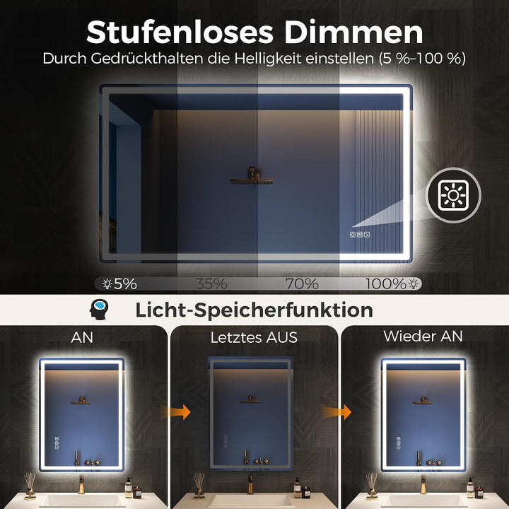 STARLEAD Badspiegel-mit-Beleuchtung 100x70cm, Spiegel-mit-Beleuchtung und Entfoggen, Bluetooth, Dimm