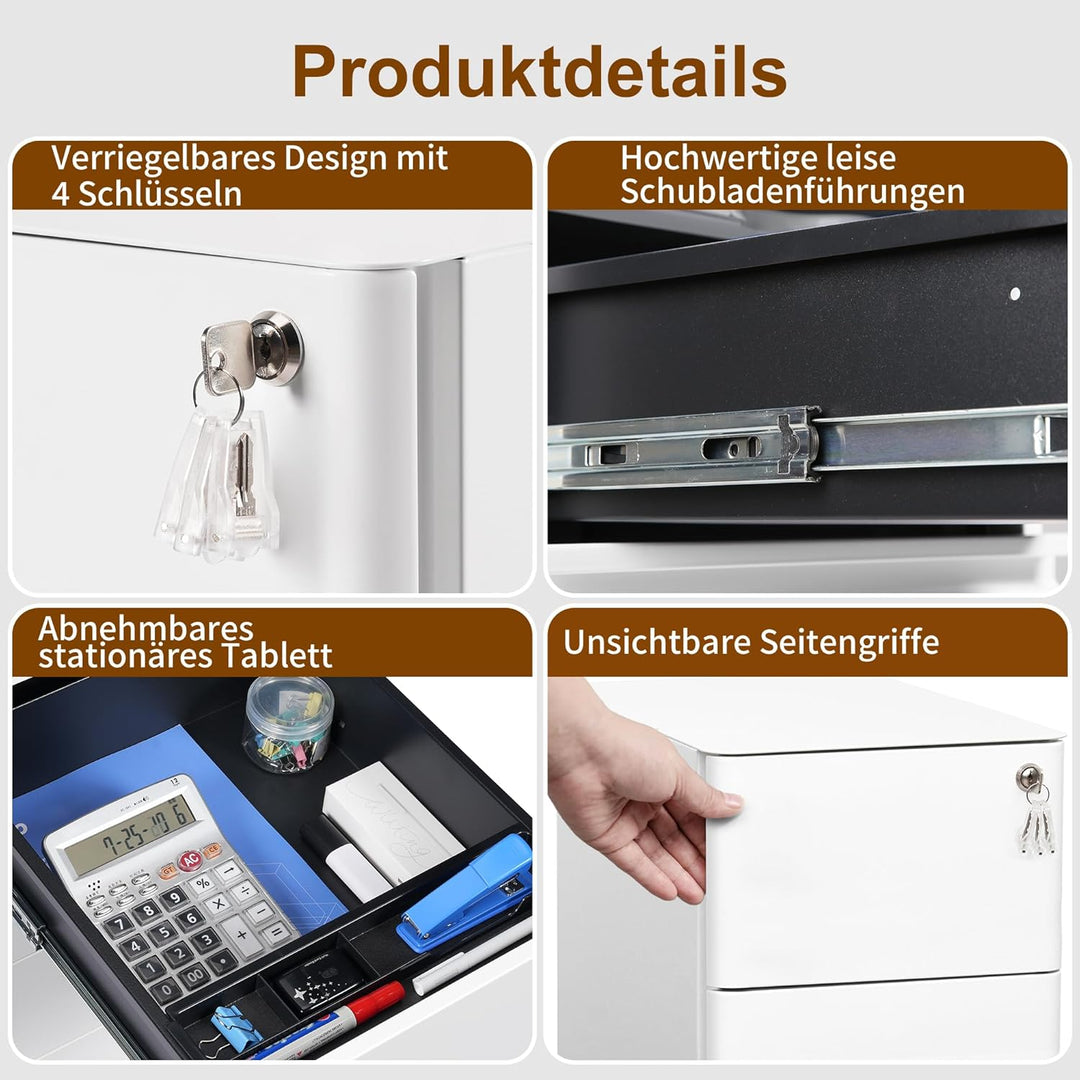 Rollcontainer, Mobiler Aktenschrank mit Schloss, Abgerundeten Ecken, 4 Schlüssel, 3 Schubladen, Druc