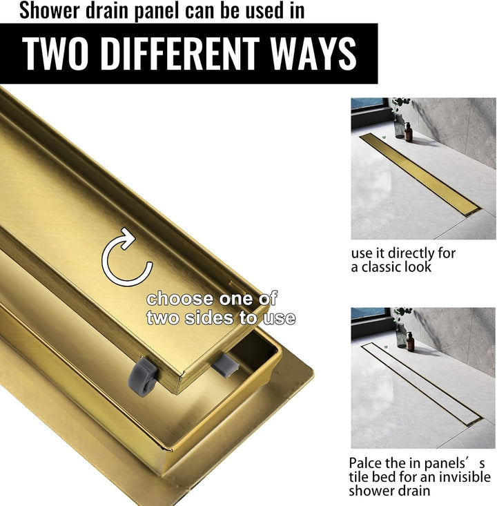 Duschrinne 50 cm, Gold Befliesbar Duschrinne extra flach, Edelstahl Bodenablauf Komplettset mit 360°