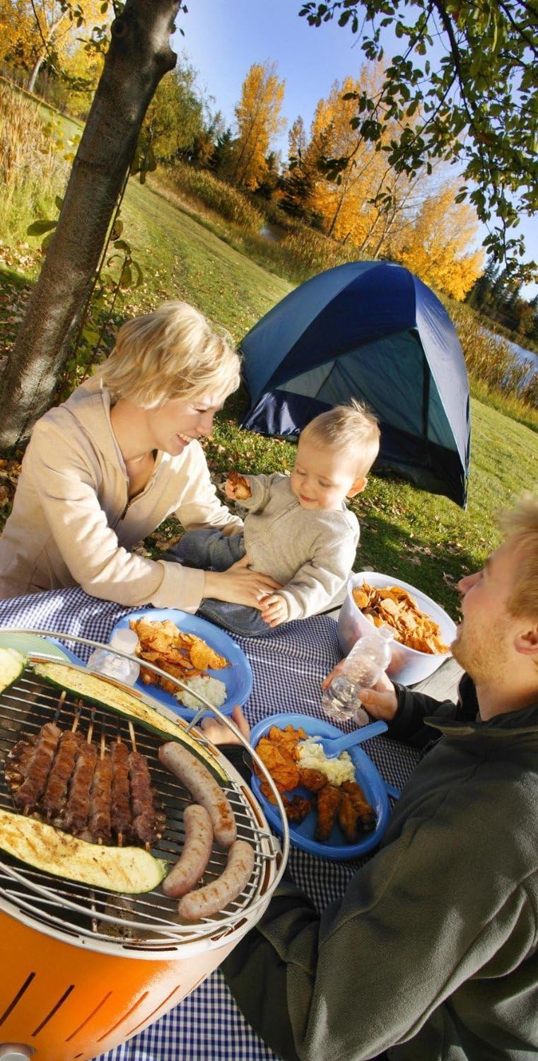 LotusGrill Starter-Set 1x XL Grill Pflaumenlila mit USB-Anschluss, 1x Buchenholzkohle 2,5 kg, 1x Bre