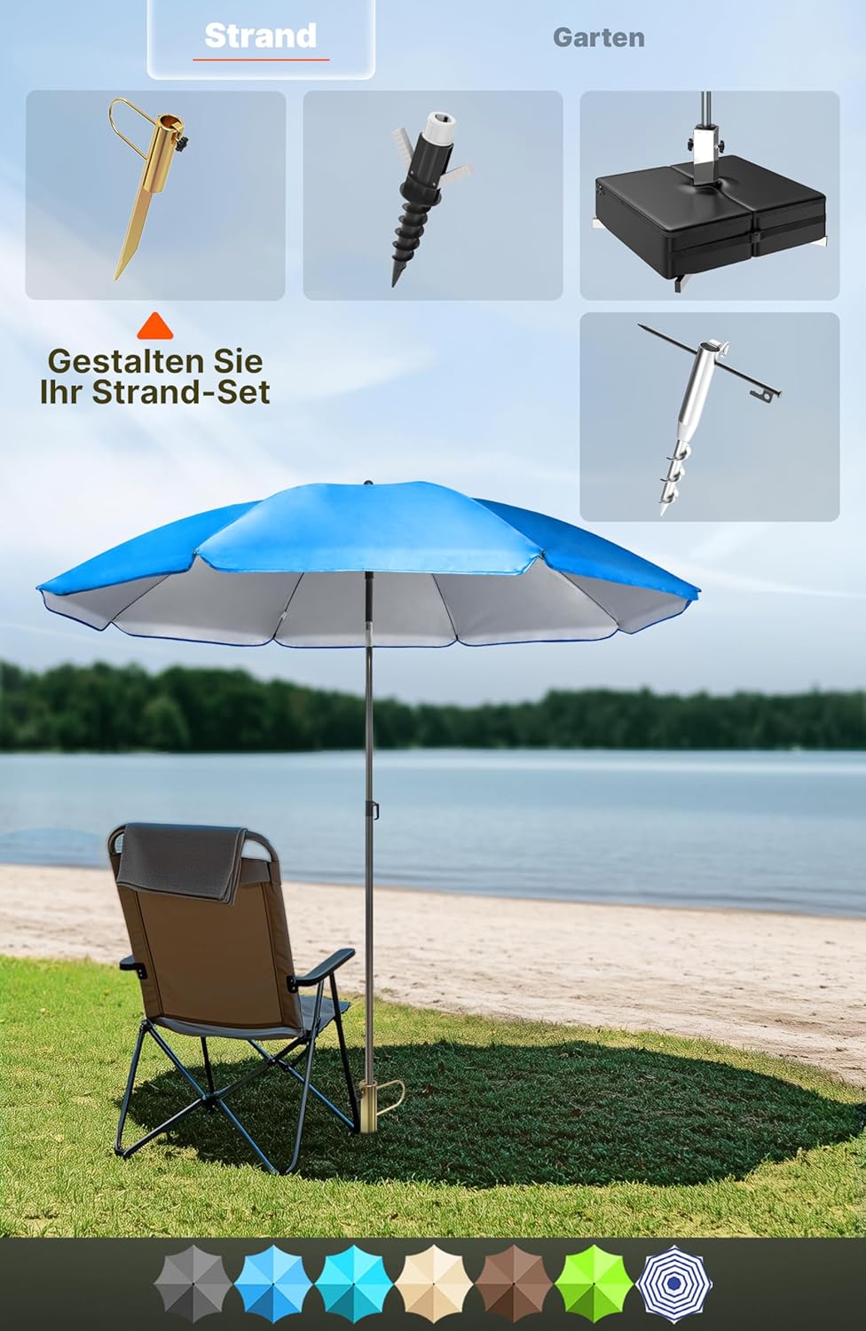4smile Sonnenschirm-Set für Strand, Balkon und Garten, Anthrazit - UPF 50+ Balkonschirm SunnyJoy, Ø
