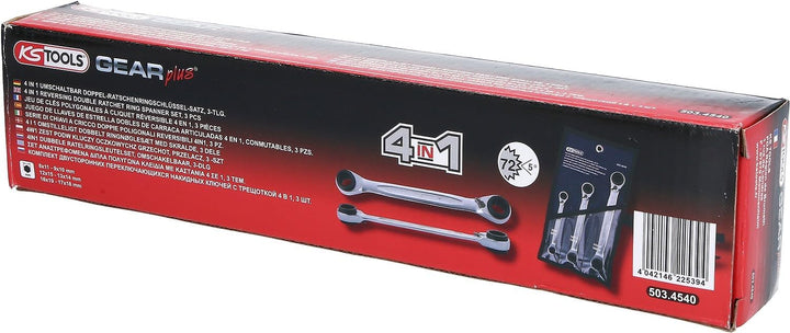 KS Tools 503.4540 4 in 1 GEARplus umschaltbar Doppel-Ratschenringschlüssel-Satz, 3-tlg
