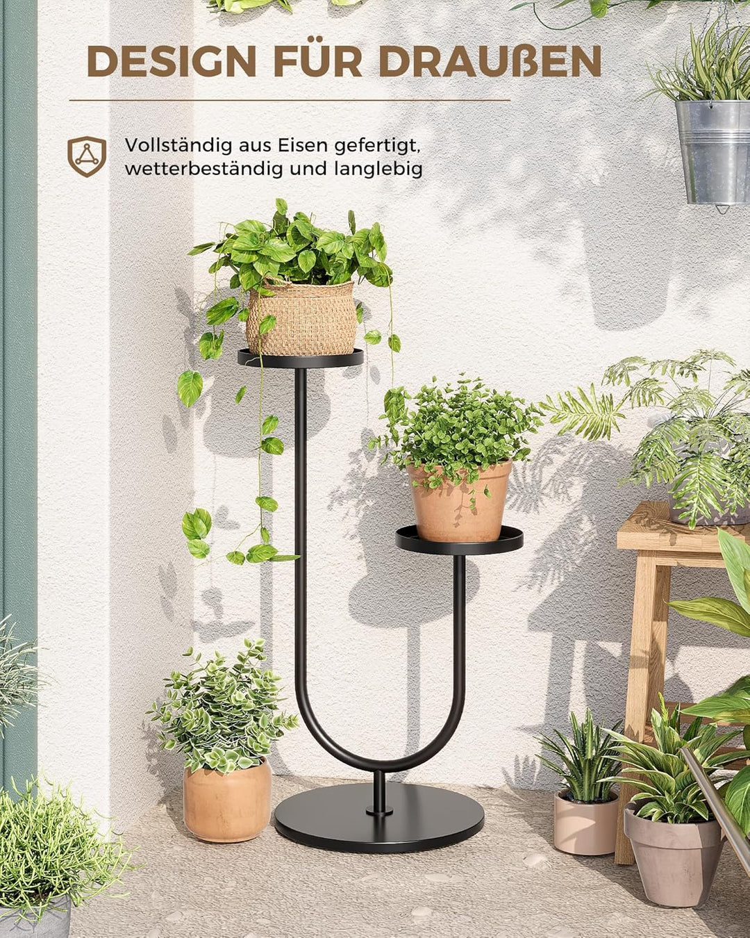 Bamworld Blumenständer Metall Schwarz, Pflanzenständer Indoor Outdoor, Modernes 2-stufiges Pflanzenr