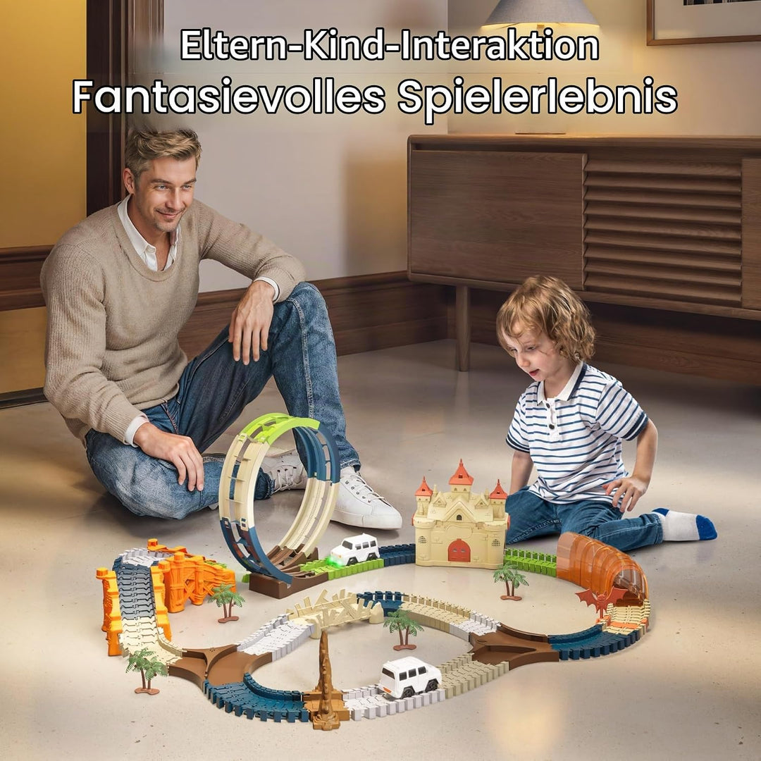 TUMAMA Rennstrecken Spielen Fahrzeuge Spielzeug Set, Flexible Track Rennbahn mit 360 Loop und Auto T