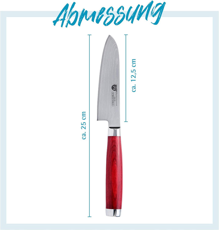 GRÄWE Damastmesser aus Damaststahl, gross, 12,5 cm Klinge, scharf, Damaszener Santokumesser mit Holz