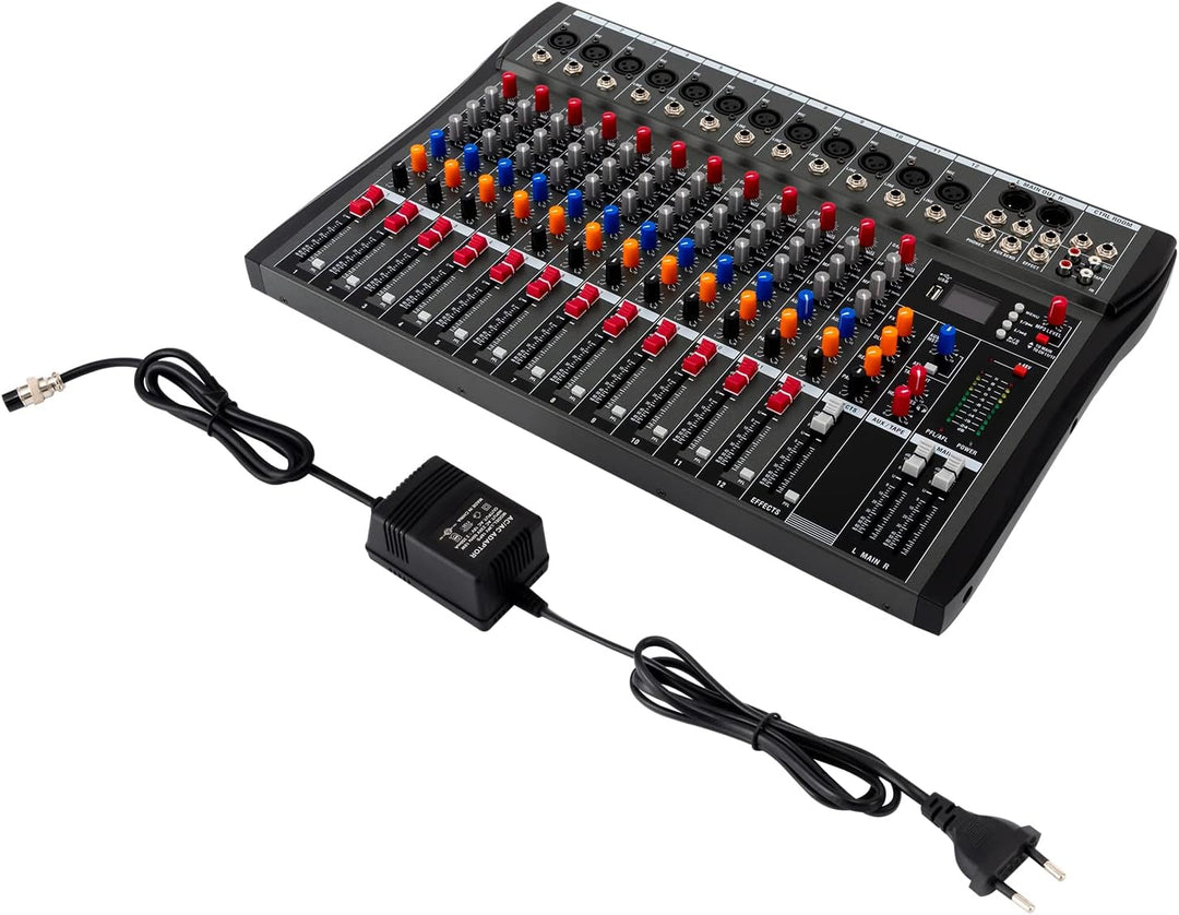 DJ Sound Mixer Board Konsole 48V Phantomspeisung 12 Kanäle mit USB Steckplatz Audiomischer Geeignet