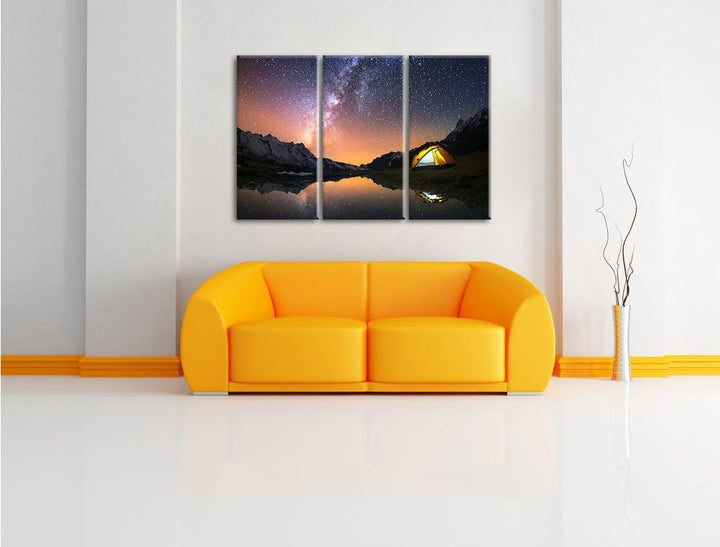 Pixxprint Zelten unter tausenden Sternen als Leinwandbild | Grösse: 3 Teilig (120x80) | Wandbild| Ku
