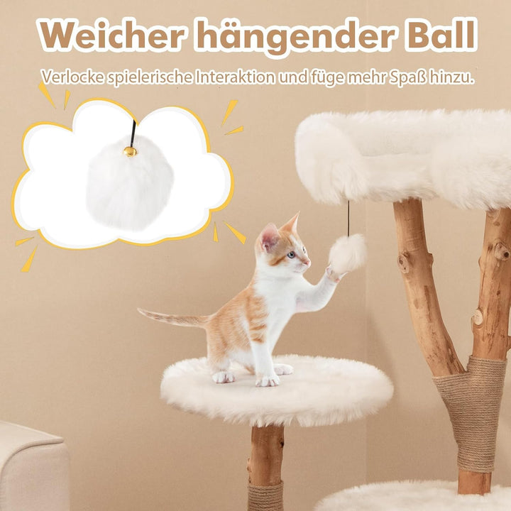 FANTASK Katzenturm Holz, Katzenmöbel mit Spielball & Plüschsitzfläche & 2 Plattformen, Katzenbaum mi