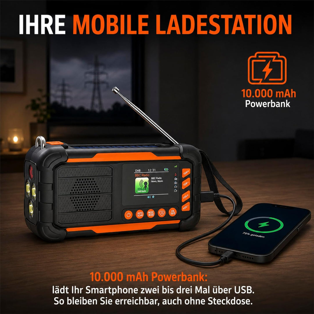 ration1 DAB+ Radio Kurbelradio Notfallradio mit Powerbank, Solar &amp; Kurbel | 10.000 mAh, 80 h Laufzei