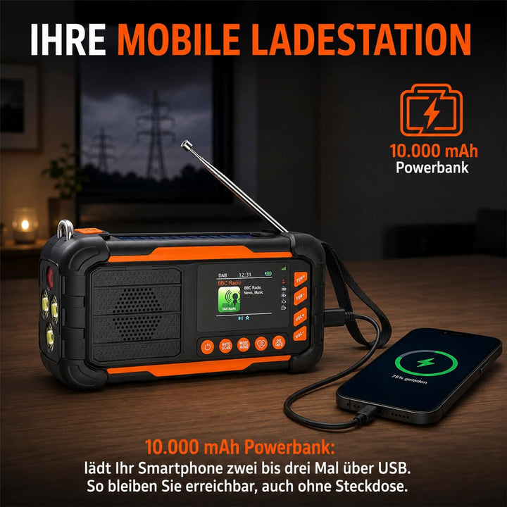 ration1 DAB+ Radio Kurbelradio Notfallradio mit Powerbank, Solar &amp; Kurbel | 10.000 mAh, 80 h Laufzei