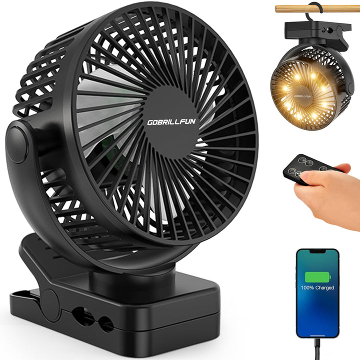 15,2 cm (6 Zoll) 12000 mAh Clip Ventilator Akku mit Fernbedienung, USB wiederaufladbar mit LED-Licht