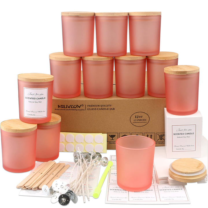 MILIVIXAY 12 Stück 340 ml mattrosa Glaskerzengläser mit Deckel und Kerzenherstellungs-Kits – leere K