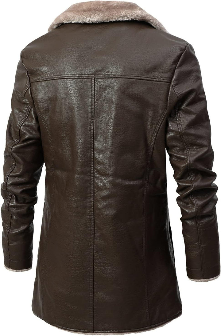 Herren Ledermantel Vintage Wintermantel Lange Kunstlederjacke Schwarz Braun Dicke Trenchcoat Winter