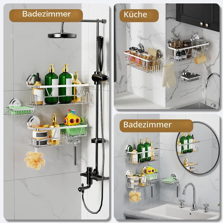 ZUNTO Duschablage Saugnapf 3 Körbe Silber, Edelstahl | Duschregal mit Saugnapf &amp; Klebekraft, ohne Bo