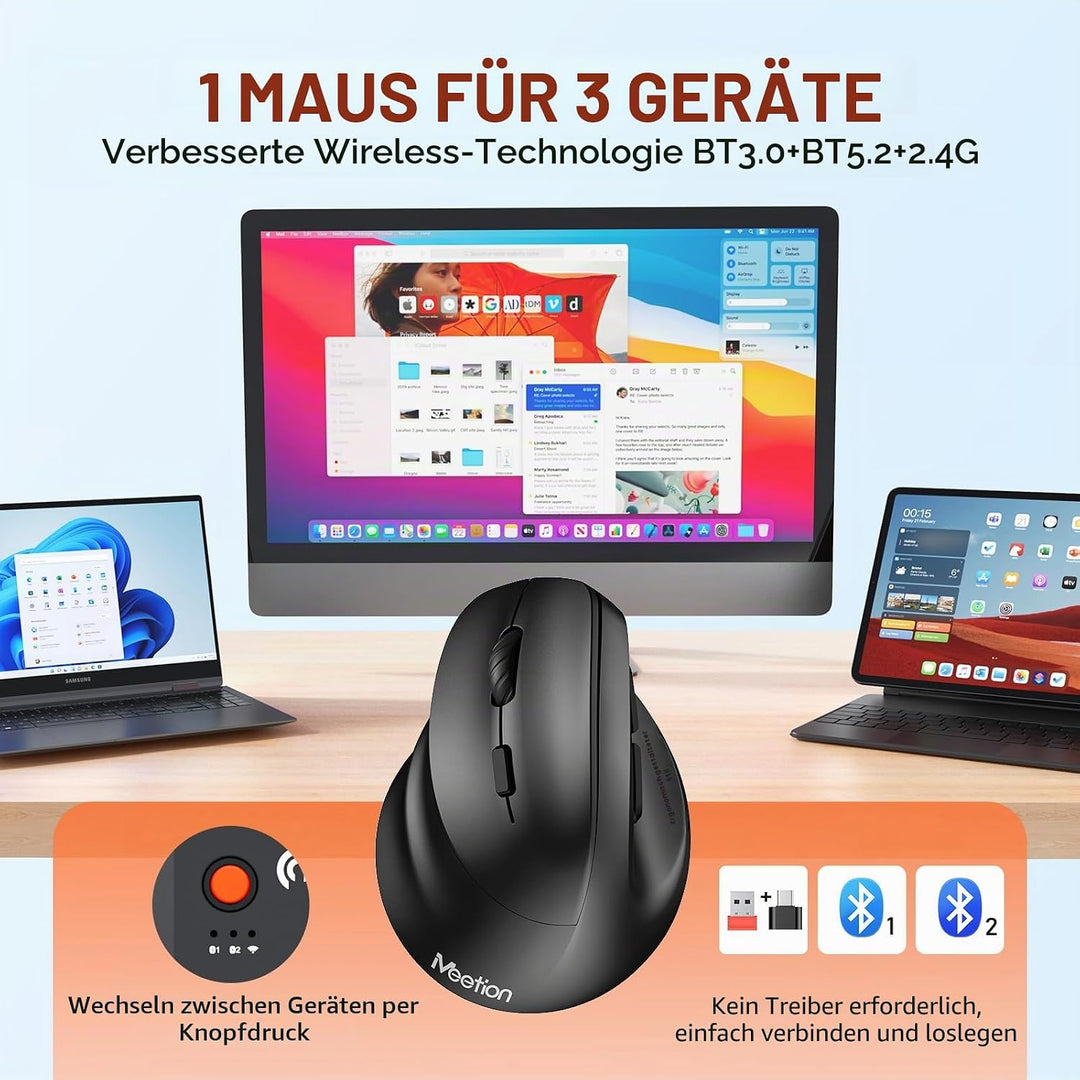 MEETION Linkshänder-Maus, Ergonomisch, Kabellos, Vertikal, RGB für Bluetooth (5.2 + 3.0) und USB-A M