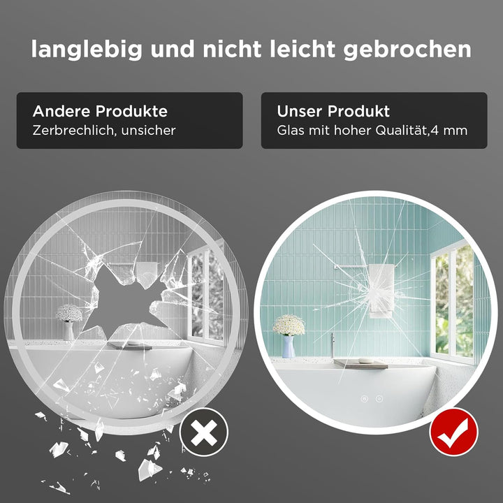 Rundspiegel 60cm mit LED-Beleuchtung, Badspiegel mit Touchschalter, 3 Lichtfarben (2700K-6500K) dimm