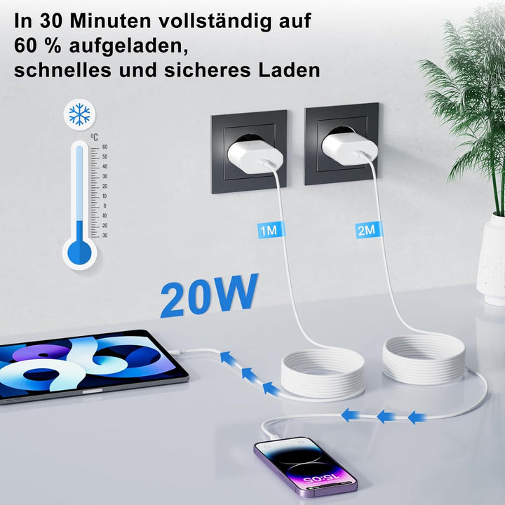 2 Pack 20W Schnellladegerät und Schnellladekabel für iPhone , Ladegerät mit iPhone Ladekabel 2M und