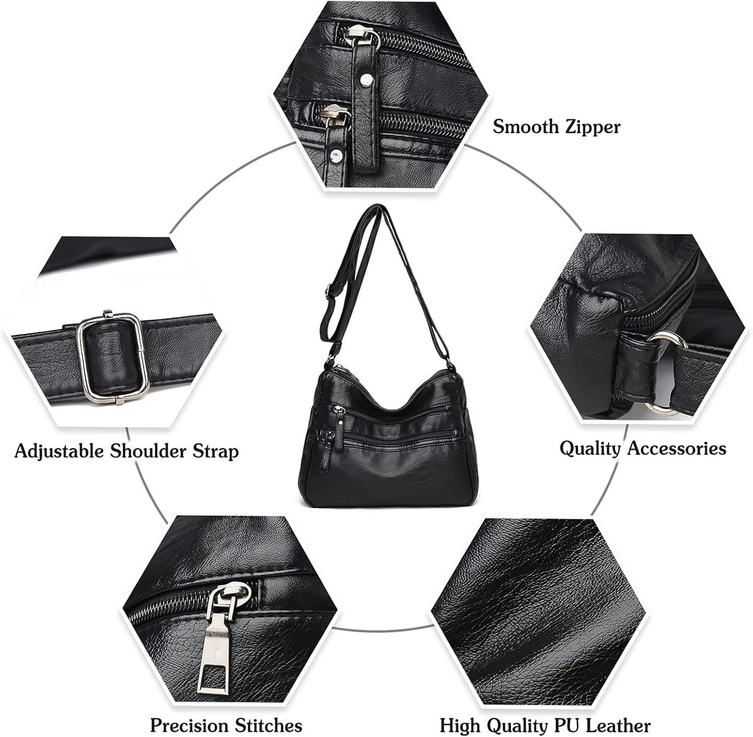 PORRASSO Damen Umhängetasche Multi-Tasche Schultertasche Leder Wasserdicht Handtasche Schulterbeutel