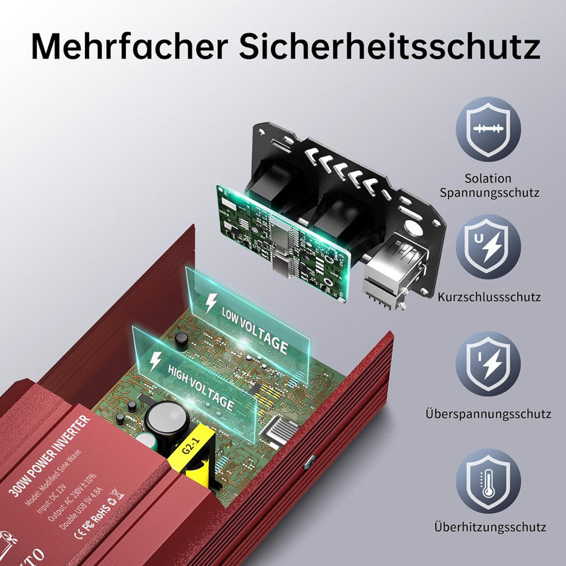 300W Spannungswandler DC 12V zu AC 230V Stromumwandler, AUCARAUTO Modifizierter Sinus Wechselrichter