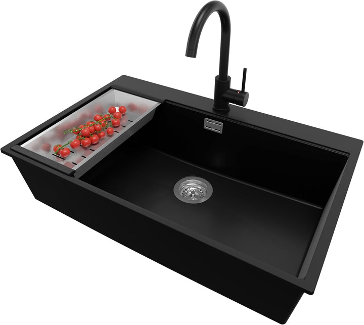 PRIMAGRAN Granitspüle Schwarz 78x50cm, Spülbecken 1 Becken + Ablauf-Set + Küchenarmatur 32x20cm, Küc