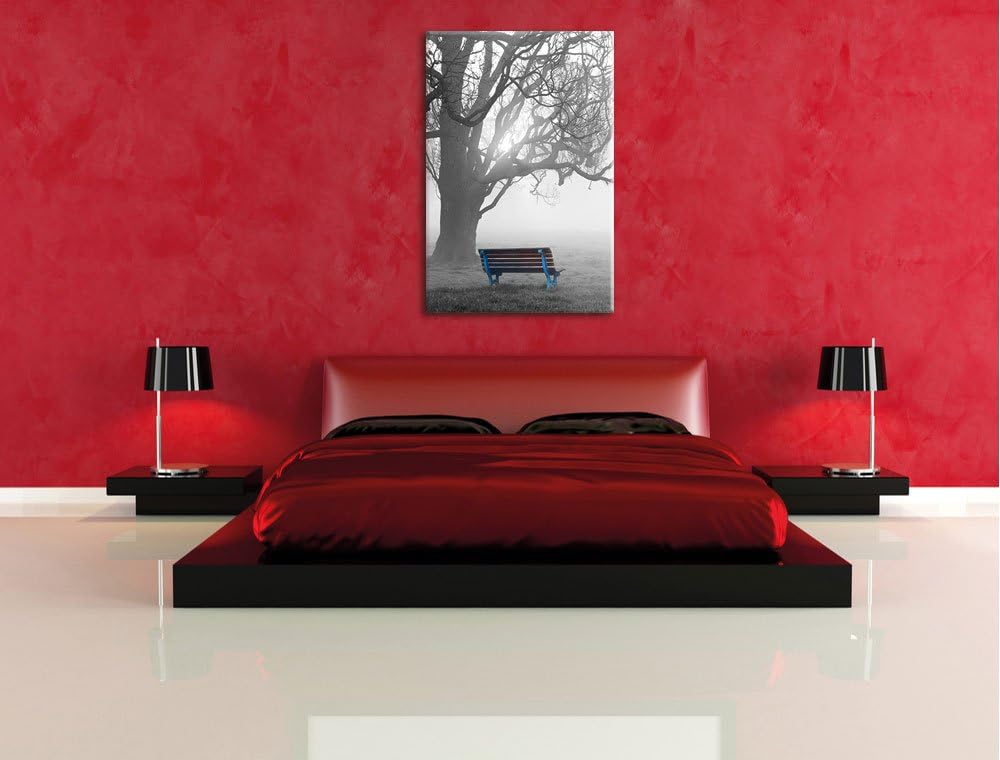 Pixxprint Einsame Bank im Nebel schwarz/weiss als Leinwandbild/Grösse: 120x80 cm/Wandbild/Kunstdruck