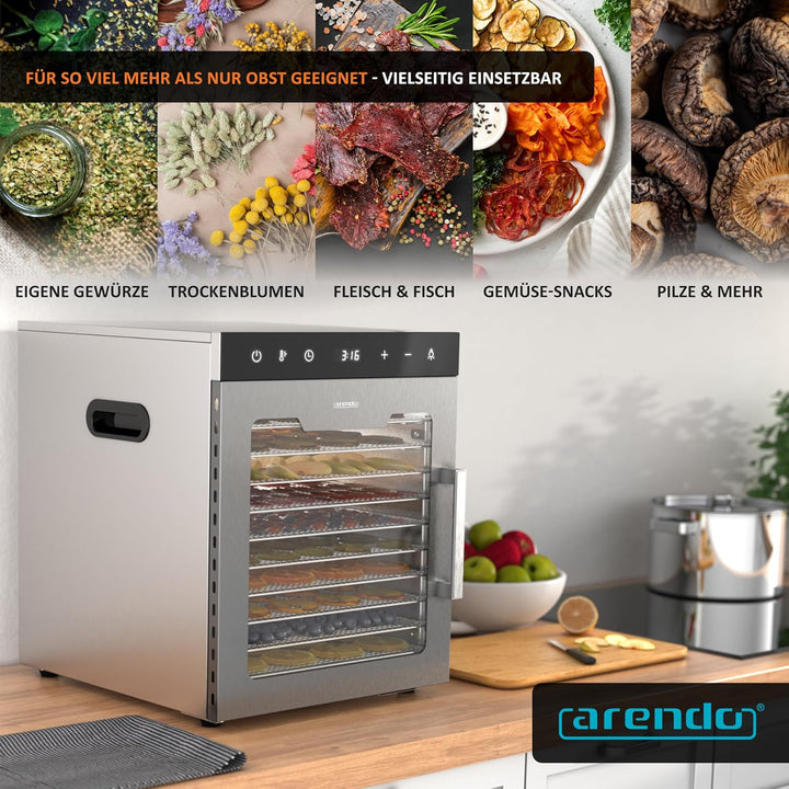 Arendo - Dörrautomat Edelstahl mit 12 Edelstahlgitter - 800 W - 30°- 90°C - 12 Edelstahl Einlegetabl