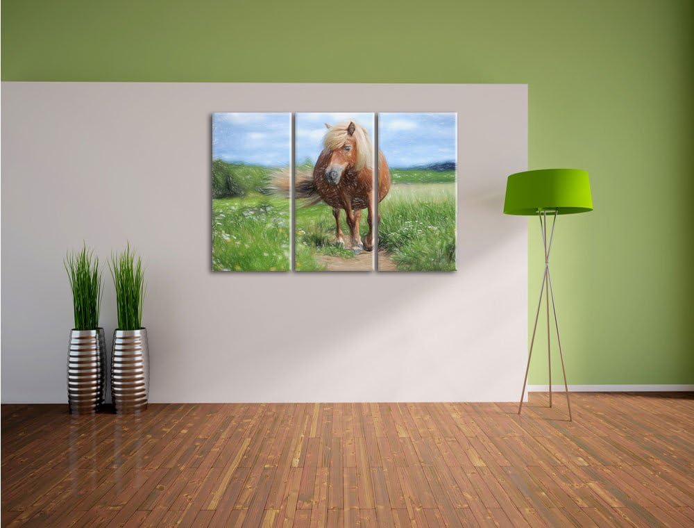 Pixxprint Shetlandpony auf der Wiese Kunst Buntstift Effekt 3-Teiler Leinwandbild 120x80 Bild auf Le