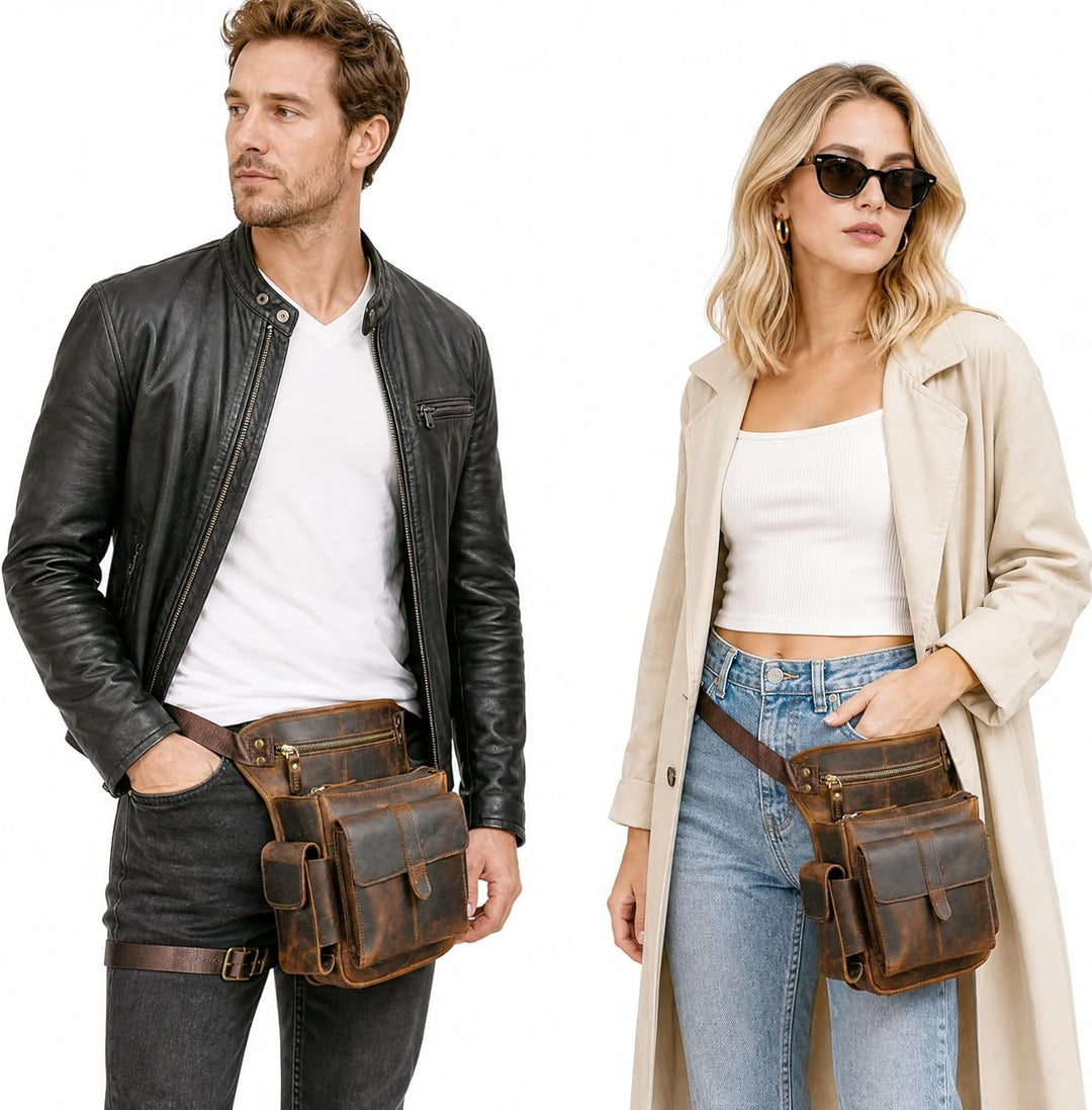 Herren Canvas + Leder Motorrad Reiten Tasche Beinbeutel Beintasche Aussenbeintasche Hüfttasche Drop