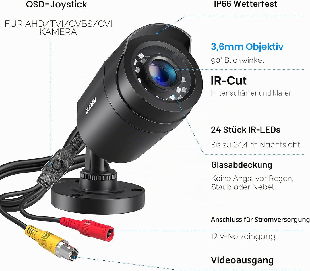 ZOSI 1080P HD Aussen Video Überwachungskamera 4-in-1 TVI/CVI/AHD/CVBS 960H CCTV Kamera mit OSD 24M I