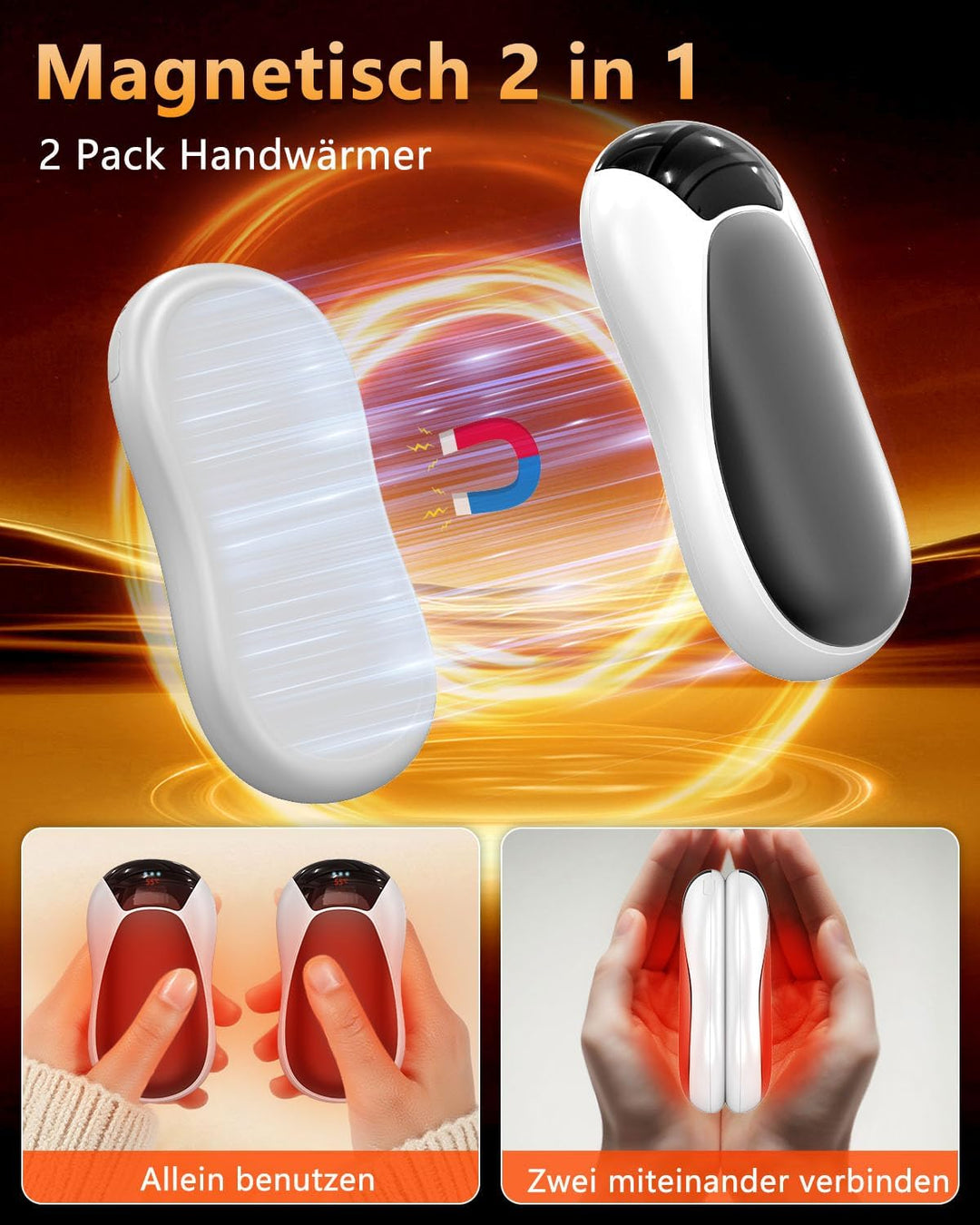 Handwärmer Elektrisch Wiederverwendbar 2er-Pack,7000mAh Magnetisch Taschenwärmer aufladbar Hand Warm