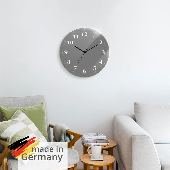 ARTLAND Wanddeko Wanduhr ohne Tickgeräusche aus Glas Quarzuhr Ø 30 cm Rund Lautlos Trendfarbe Grau S
