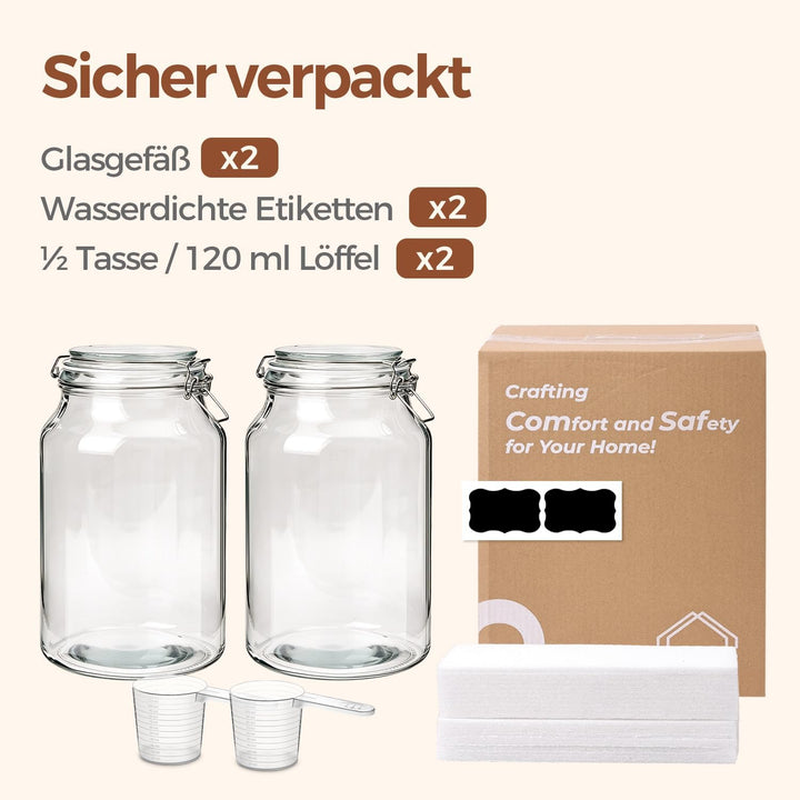 ComSaf 2er-Set Glasbehälter à 4l mit Deckeln 4100ml 4100ml*2, 4100ml x 2 Stück
