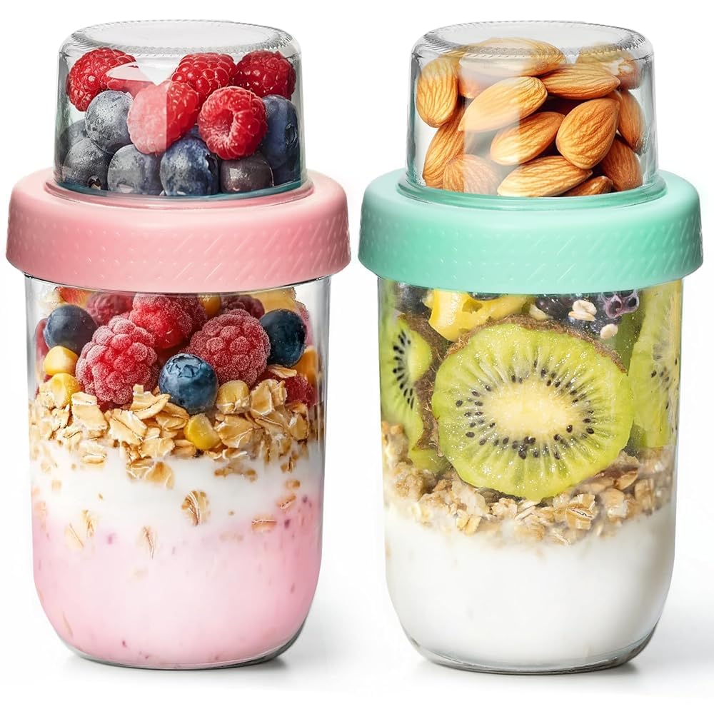 ComSaf 2er Müslibecher to go, 480ml+120ml Overnight Oats Gläser, Joghurtbecher to go mit Doppelschic