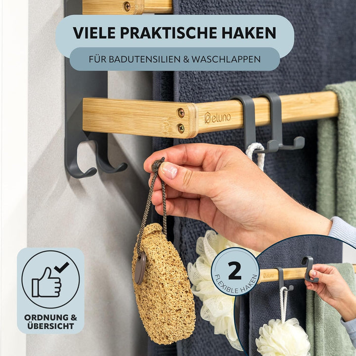 eluno Handtuchhalter 60 cm mit 2 Handtuchstangen und 6 praktischen Haken - mit hochwertigem Klebeban