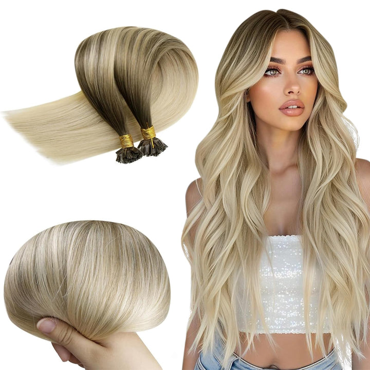 RUNATURE Bonding Extensions Echthaar 1g Lang 50cm Haarextensions Echthaar Keratin Blond Balayage 50g