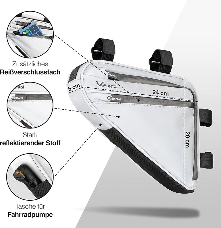Valkental - Wasserfeste Rahmentasche mit viel Platz - 1,5L Volumen - Fahrradtasche mit Reflektoren u